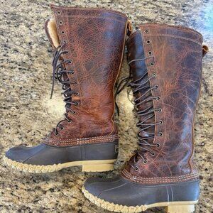 LL Bean 16” Cranberry Leather Shearling Lined Tall Duck Boots Womens Sz 6M